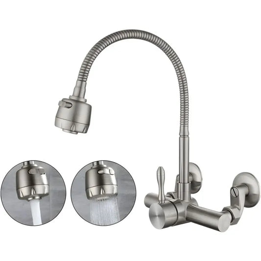 Wall Mounted Kitchen Faucet, Food Grade 304 Stainless Steel Material, 360° Rotatable Wall Mounted Kitchen Faucet 12CM-18CM Mounting Hole