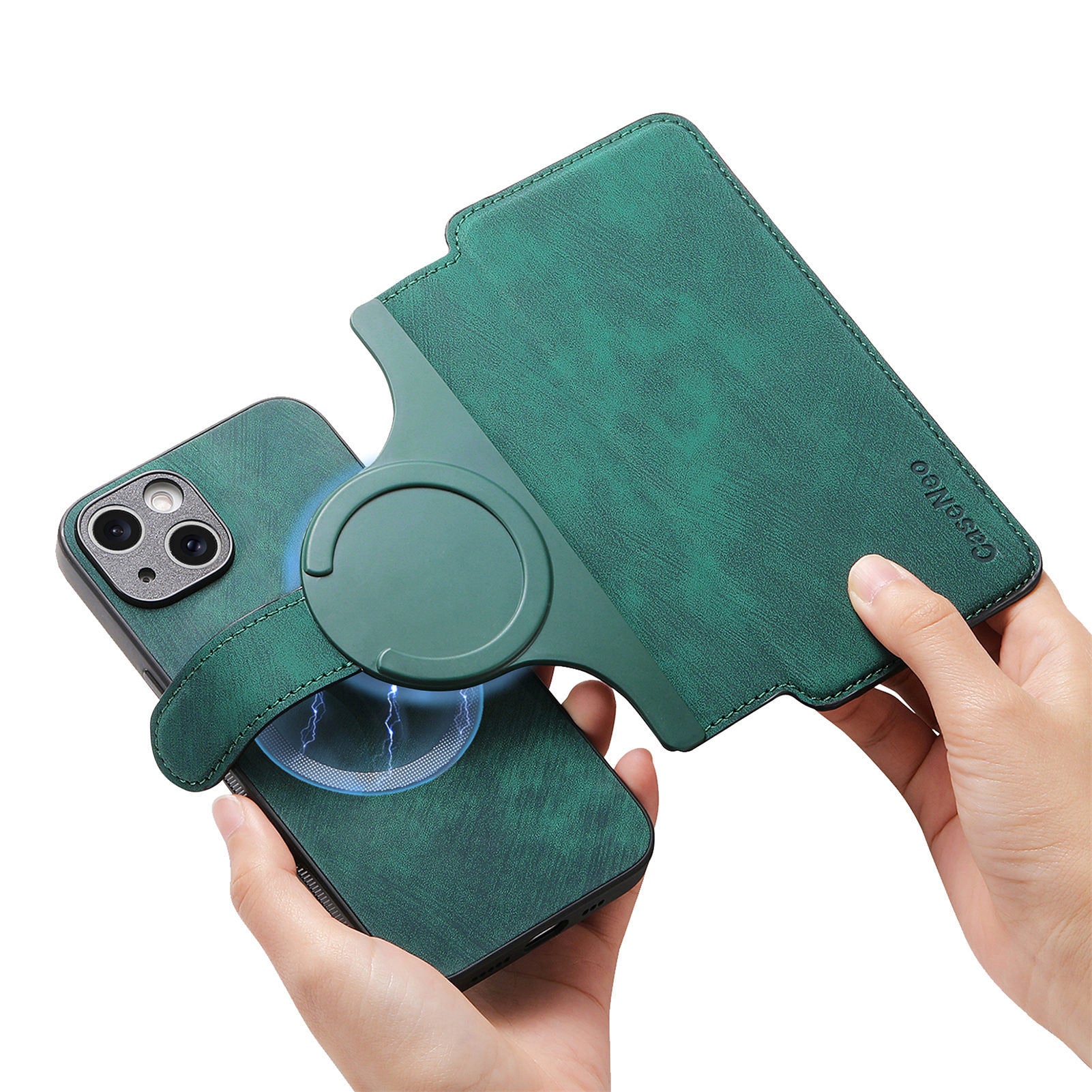 New Magnetic Two-in-one Separation Structure Mobile Phone Case - Card Holder RFID Anti-theft Brush - Suitable for iPhone Mobile Phone Case Gr Green iPhone 15 - Image 2