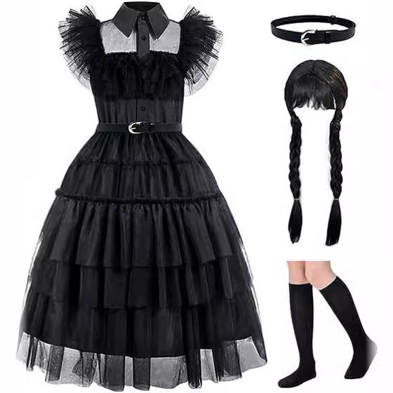 Girls' dress cosplay Wednesday Brigitte princess dress lace details puff sleeves children Wednesday 4pcs 120