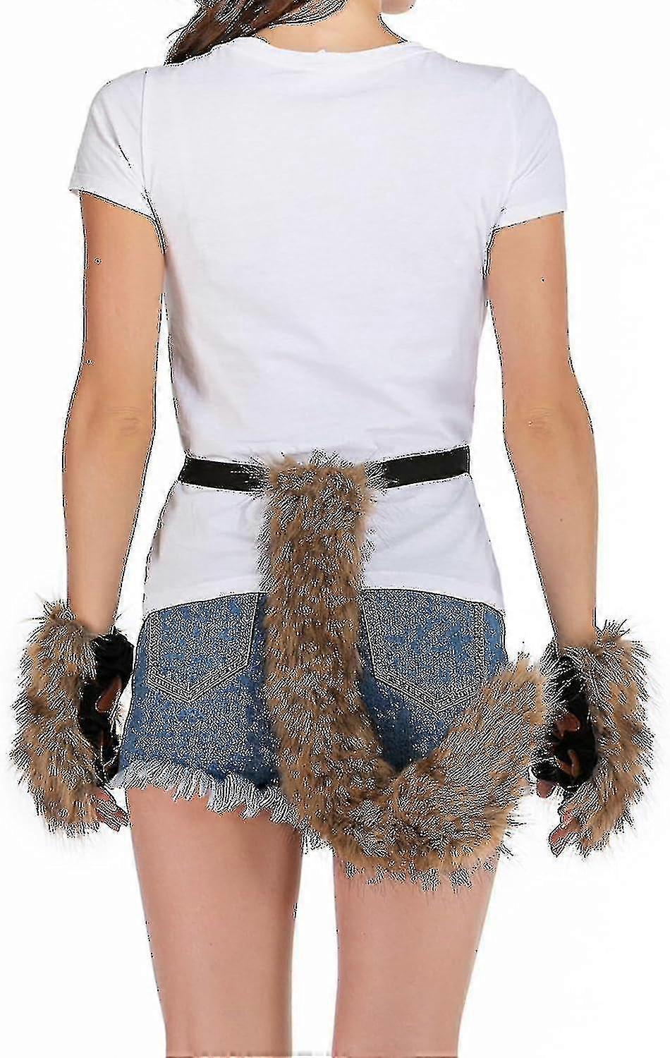 Artificial Fur Fox Tail Cat Werewolf Cosplay Costume Set Plush Mask Fluffy Paws Gloves Halloween Christmas Grass yellow One Size - Image 2