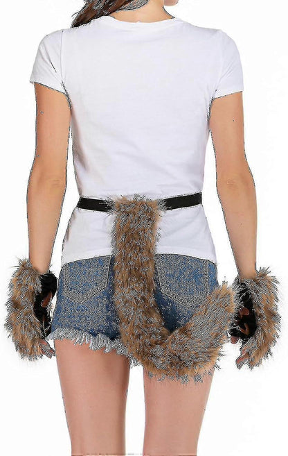Artificial Fur Fox Tail Cat Werewolf Cosplay Costume Set Plush Mask Fluffy Paws Gloves Halloween Christmas Grass yellow One Size - Image 2