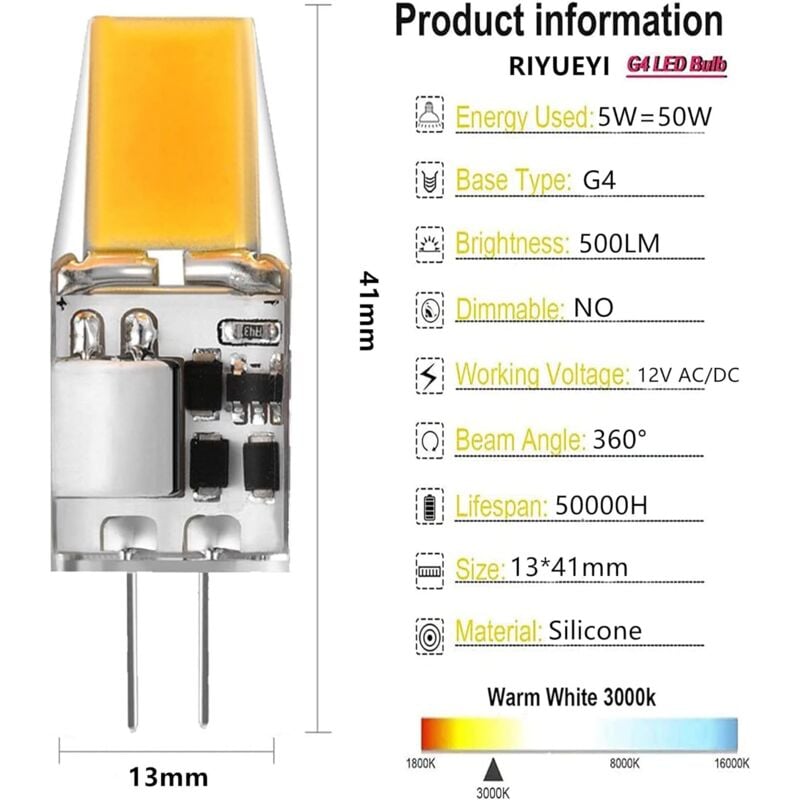 G4 LED bulb AC/DC 12V 5W LED bulbs G4 Warm white 3000K Light sources equivalent to 50W halogen bulb 360° beam angle No flicker, 6-pack, Warm white_jarx - Image 2