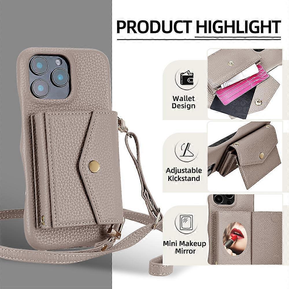 Horizontal Card Pocket Phone Case in Litchi Texture with Long Cord Grey Grey For iPhone 14 Pro - Image 2