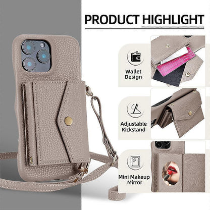 Horizontal Card Pocket Phone Case in Litchi Texture with Long Cord Grey Grey For iPhone 14 Pro - Image 2