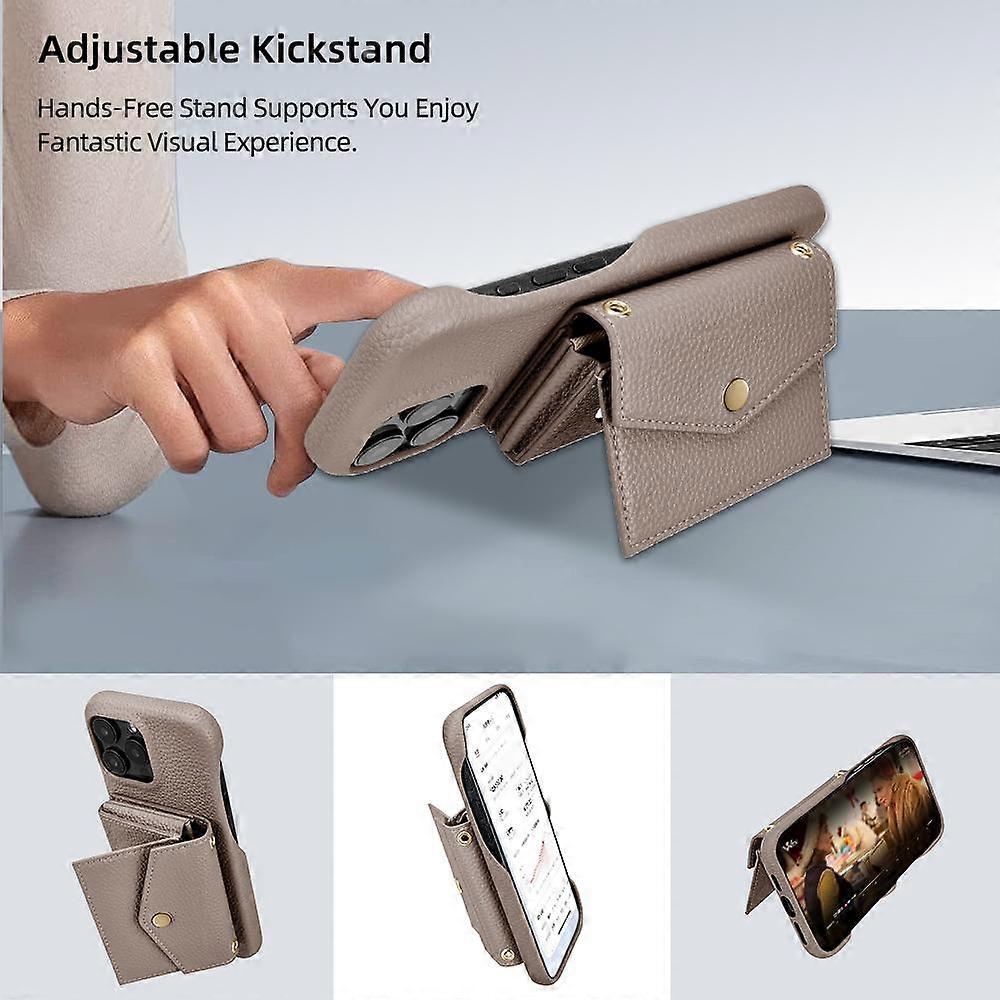 Horizontal Card Pocket Phone Case in Litchi Texture with Long Cord Grey Grey For iPhone 14 Pro - Image 4