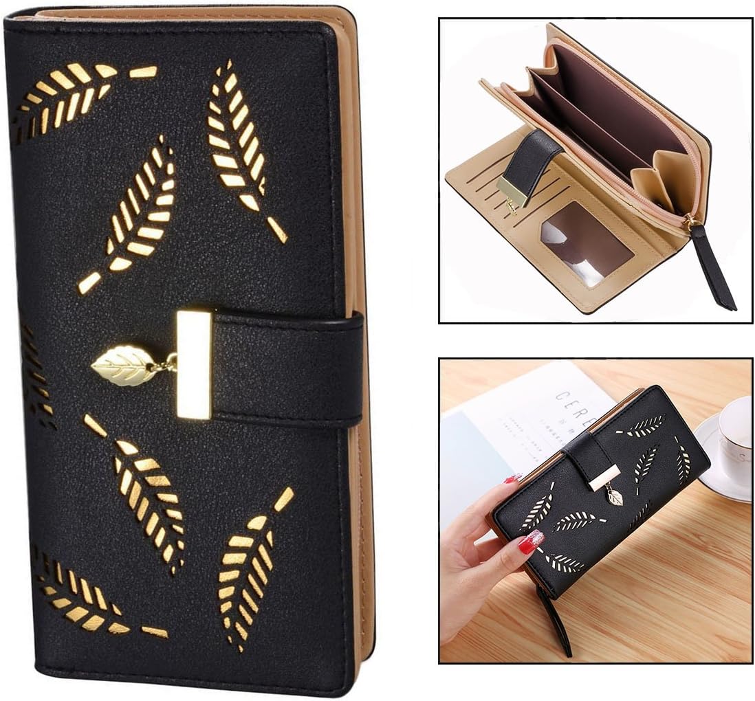 Women's Large Capacity Long Wallet, Hollow Leaf Wallet, Black - Image 2