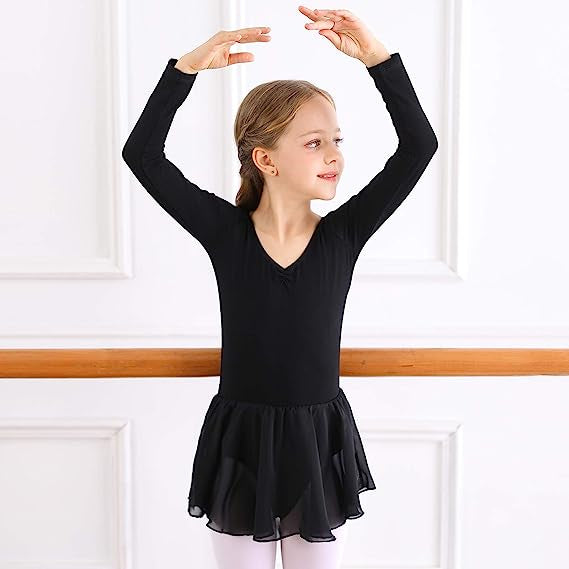 Ballet dress for girls with long sleeves and tulle skirt in black Black_jarx Black 130 cm - Image 2