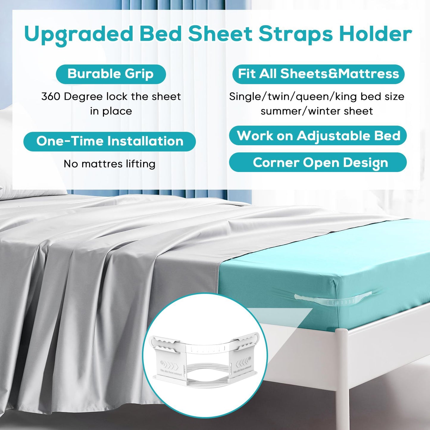Invisible Sheet and Bed Cover Fastener, Removable and Storable, Keeps Sheets Tight, Sheet Clips for Daily Use White (set of 4) - Image 3