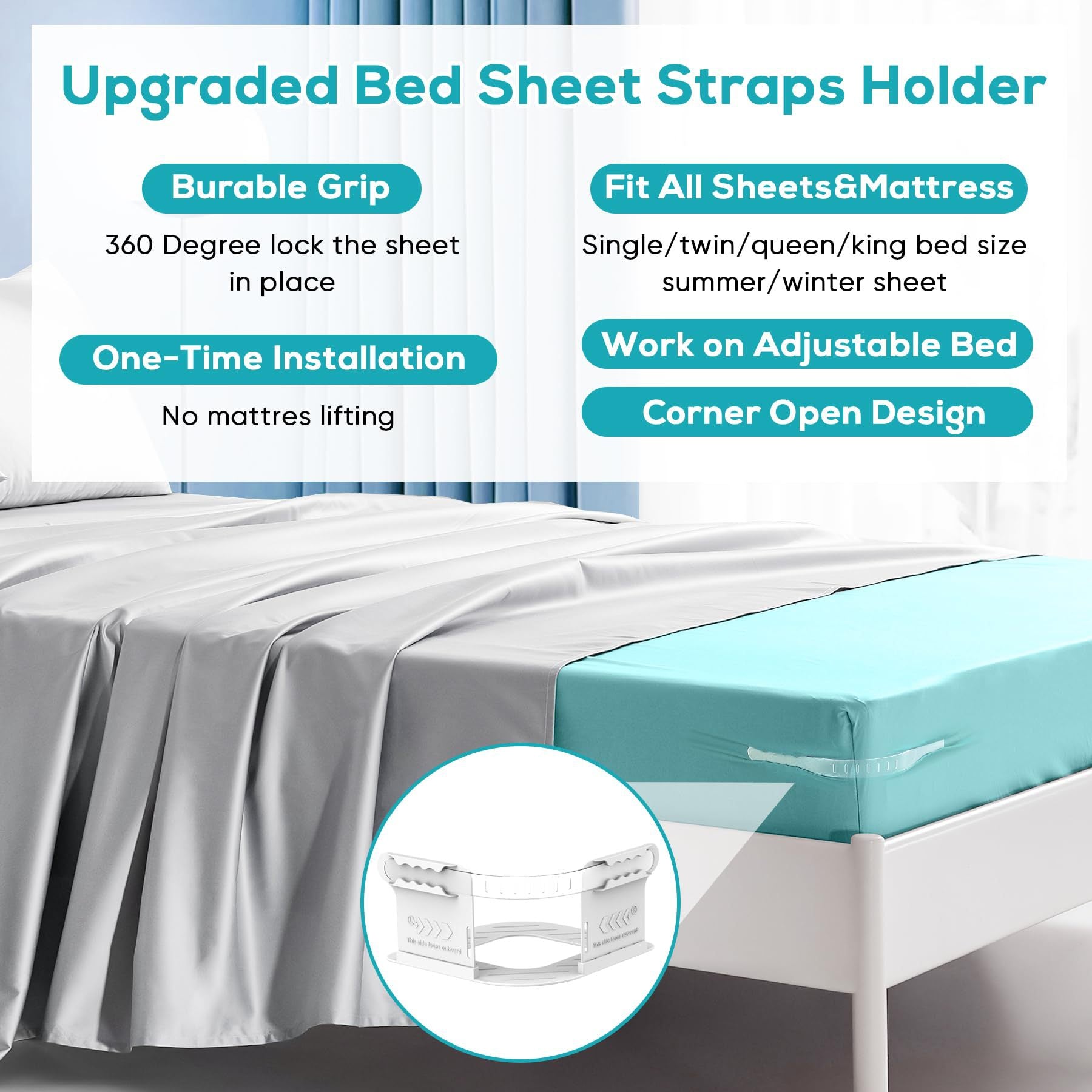 Invisible Sheet and Bed Cover Fastener, Removable and Storable, Keeps Sheets Tight, Sheet Clips for Daily Use White (set of 4) - Image 3
