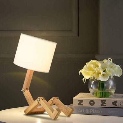 Creative Robot Desk Lamp, Adjustable Can Place Books Wooden Bedside Lamp with Fabric Lampshade E27 Screw for Decorative Lighting [Energy Class A] NPTERBL - Image 3