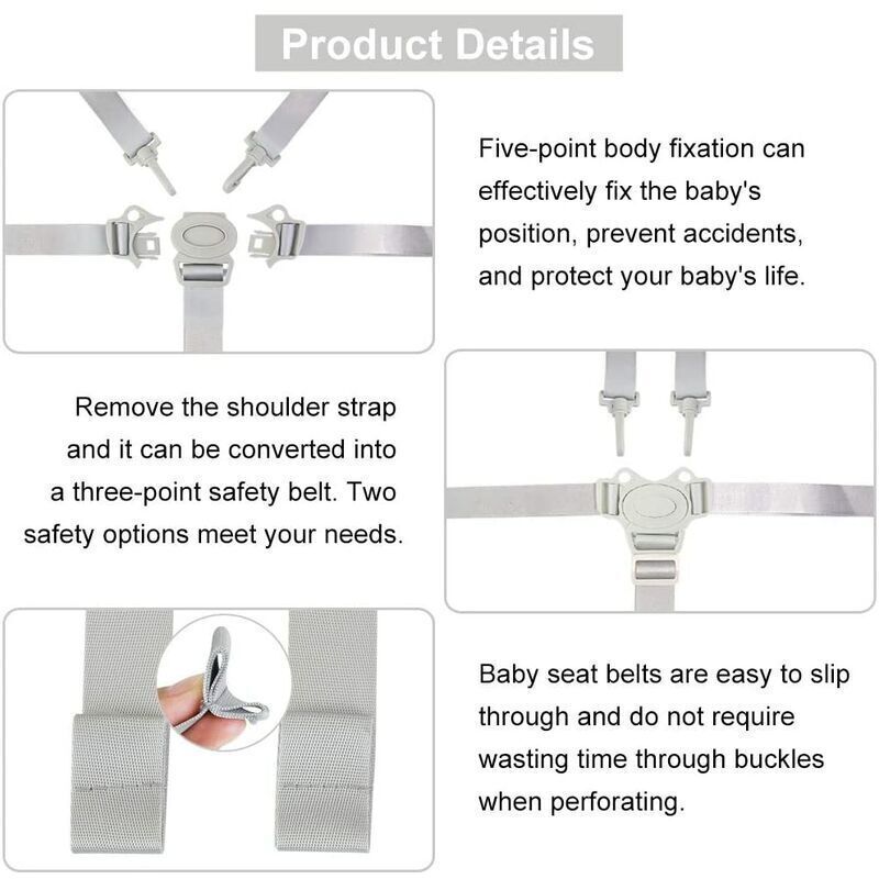 Adjustable 5-Point Safety Harness for Child Seats and Strollers, Gray - Compatible with Most Brands - Image 3