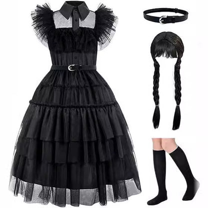 Girls' dress cosplay Wednesday Brigitte princess dress lace details puff sleeves children Wednesday 4pcs 110