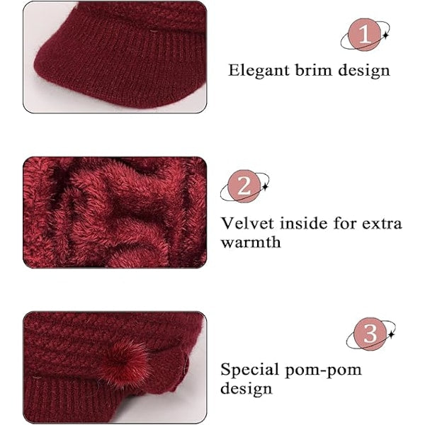 Winter Hat for Women, Fleece Lined, Floral Knitted Hat, Ladies Beret Hat with Brim, Cloche Hat, Thermal Hat, Ladies Wool Hats, Red - Image 2