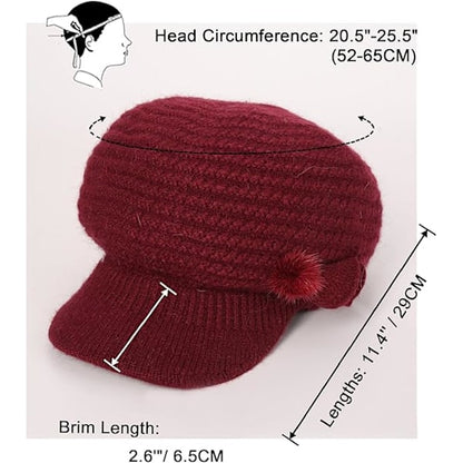 Winter Hat for Women, Fleece Lined, Floral Knitted Hat, Ladies Beret Hat with Brim, Cloche Hat, Thermal Hat, Ladies Wool Hats, Red - Image 3