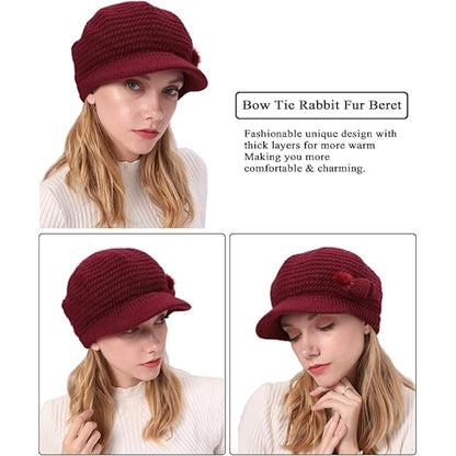 Winter Hat for Women, Fleece Lined, Floral Knitted Hat, Ladies Beret Hat with Brim, Cloche Hat, Thermal Hat, Ladies Wool Hats, Red - Image 4