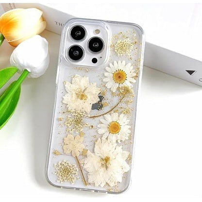 Transparent Case with Design of Pressed Real Flowers, Glitter Cute White Floral Pattern Slim Soft TPU Protective Case for Women iPhone16plus - Image 2