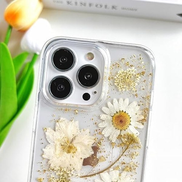 Transparent Case with Design of Pressed Real Flowers, Glitter Cute White Floral Pattern Slim Soft TPU Protective Case for Women iPhone16plus - Image 3
