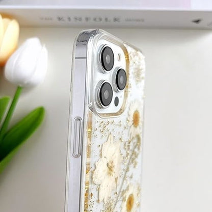 Transparent Case with Design of Pressed Real Flowers, Glitter Cute White Floral Pattern Slim Soft TPU Protective Case for Women iPhone16plus - Image 4