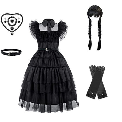 Girl's dress cosplay Wednesday Brigitte princess dress lace details puff sleeves children Wednesday 9pcs 140