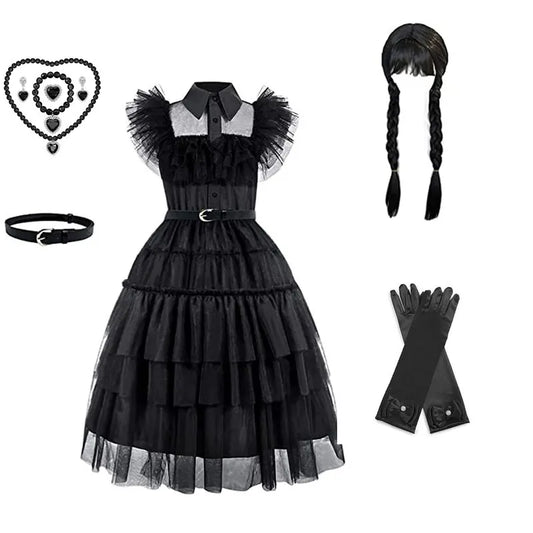 Girl's dress cosplay Wednesday Brigitte princess dress lace details puff sleeves children Wednesday 9pcs 140