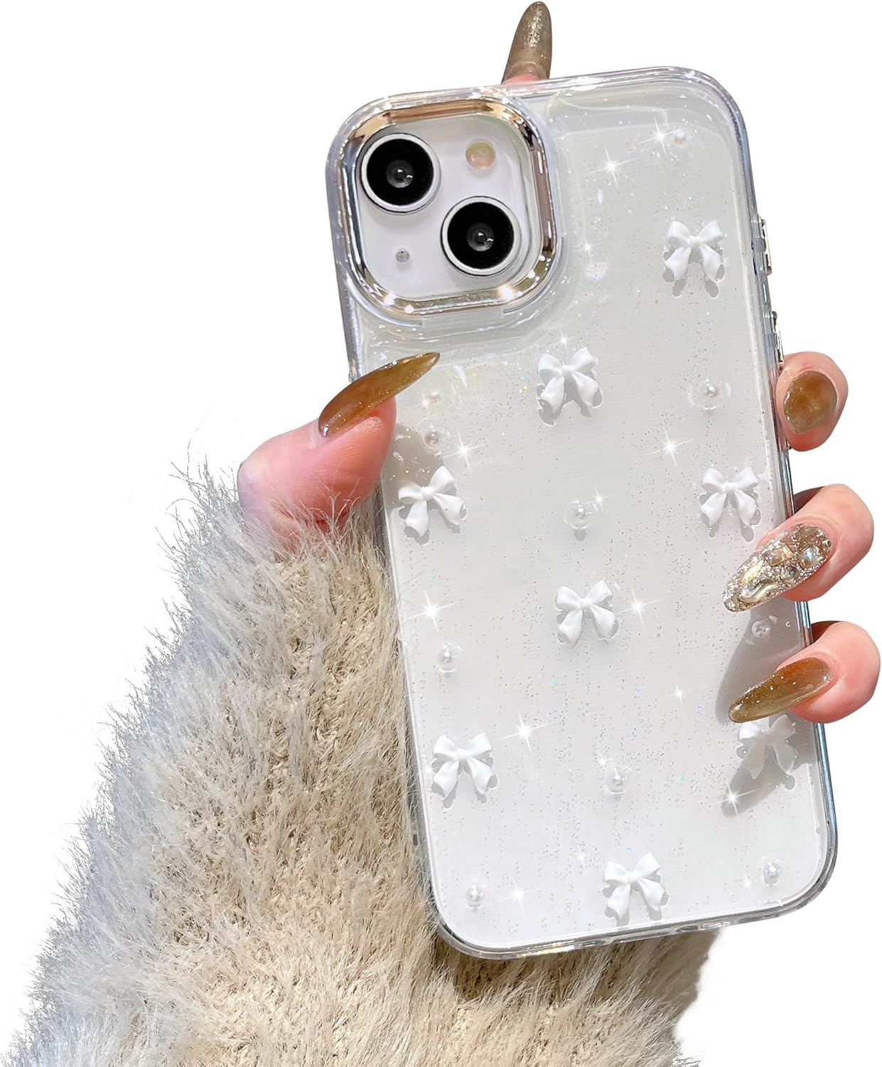 Compatible with iPhone 15 Plus, Bling Glitter 3D Bowknot Phone Case Cute Sparkly Crystal Clear Bowknot Slim Soft Durable Protective Case White iPhone 15 Plus