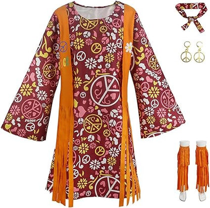 Hippie Disco 70s Costume for Women, Headband, Dress, Ankle Socks, Peace Symbol for Ladies Cosplay Party Orange L Orange L_max Orange L