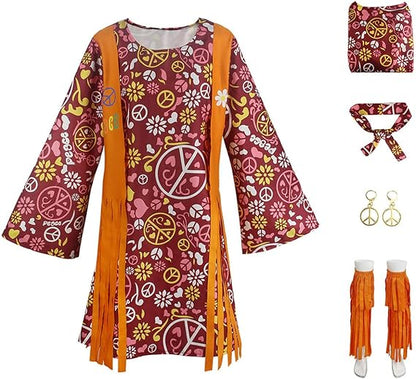 Hippie Disco 70s Costume for Women, Headband, Dress, Ankle Socks, Peace Symbol for Ladies Cosplay Party Orange L Orange L_max Orange L - Image 3