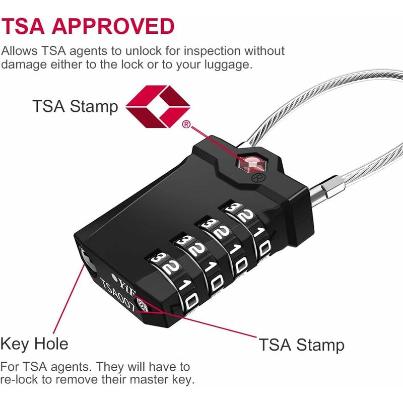 Luggage Lock, TSA 4-Digit Combination Lock for Suitcase with Opening Alarm, Code Lock Gym Cable Lock (1 Piece, Black) - Image 2