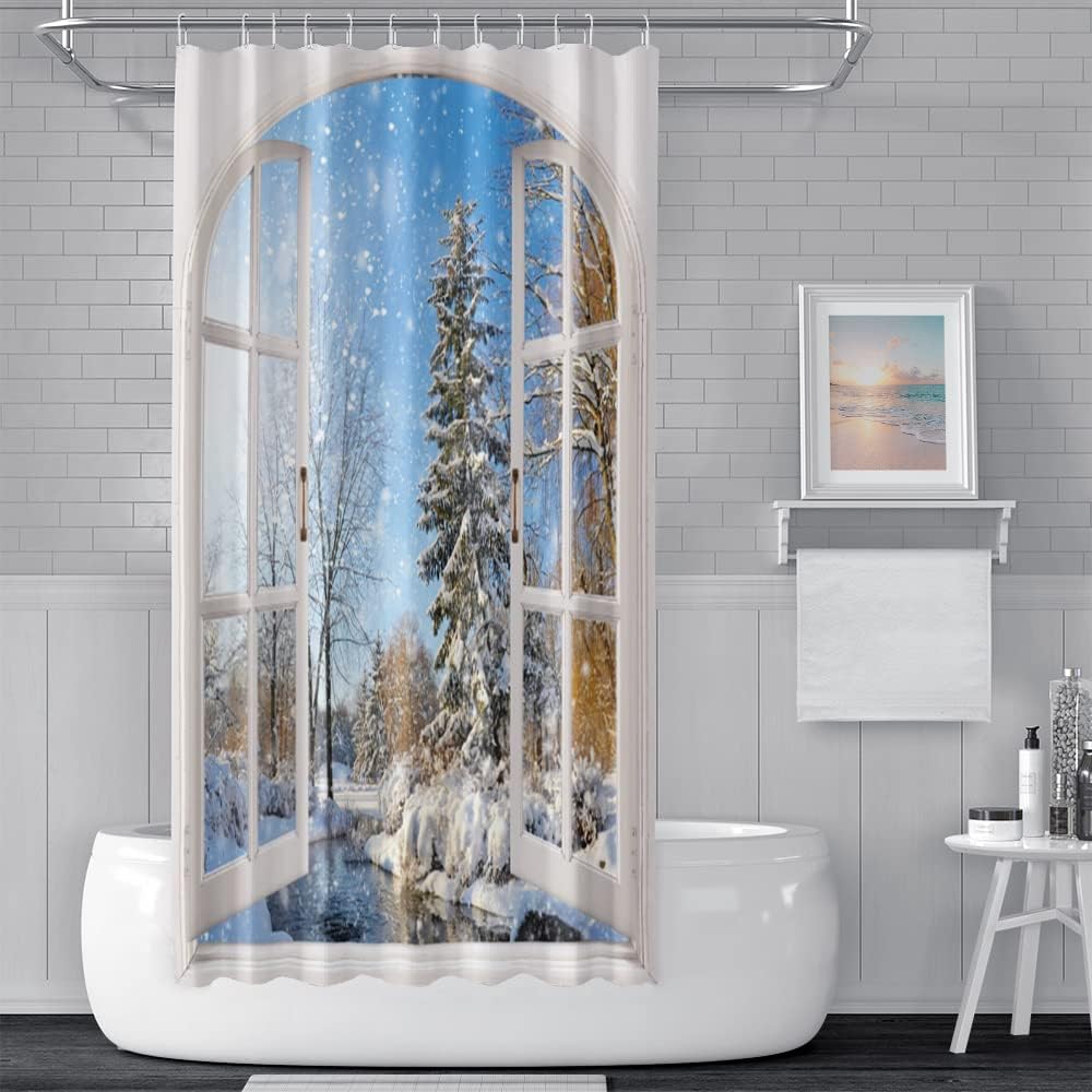 Winter Snowy Shower Curtain, Window View Blue Sky Winter Christmas Tree River Nature Snowy Scene Bath Curtains for Holiday 180cm x 180cm - Image 2