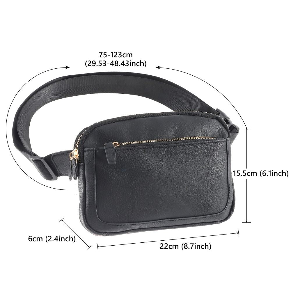 Women PU Leather Belt Bag Crossbody Waist Bag Travel Bag Black - Image 5