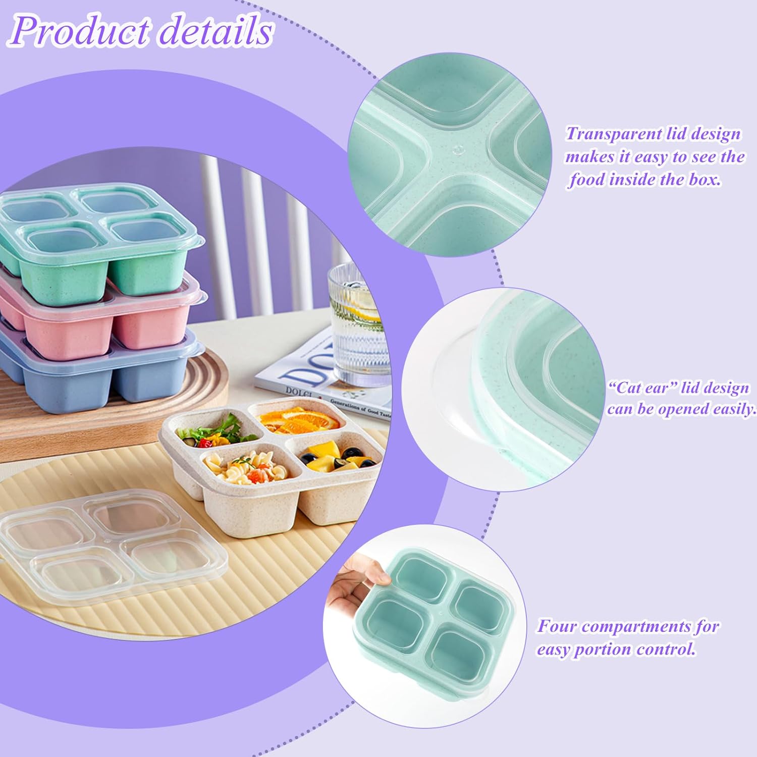 4-pack snack boxes with compartments, snack containers for kids and adults, 4-compartment bento lunch boxes - Image 4