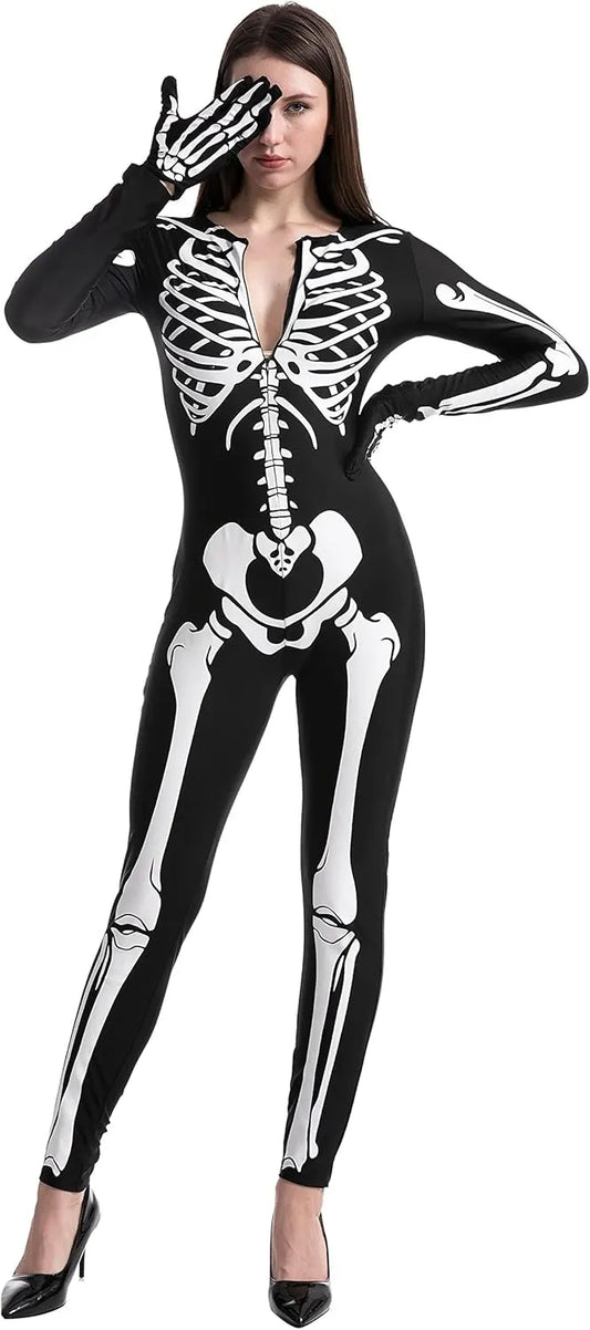Adult Chilren Skeleton Costume Women Glow in the Dark Skeleton Costume Halloween Fancy Dress Up Role Play Cosplay 1 XL - Image 4