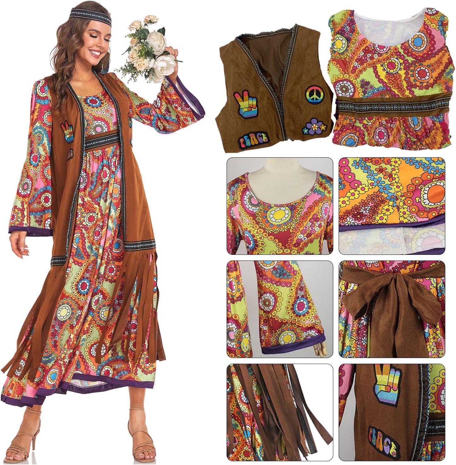 60s costume women, hippie women's dress set, 70s disco halloween outfits, hippie clothing women's costume, 60s clothing accessories L - Image 4