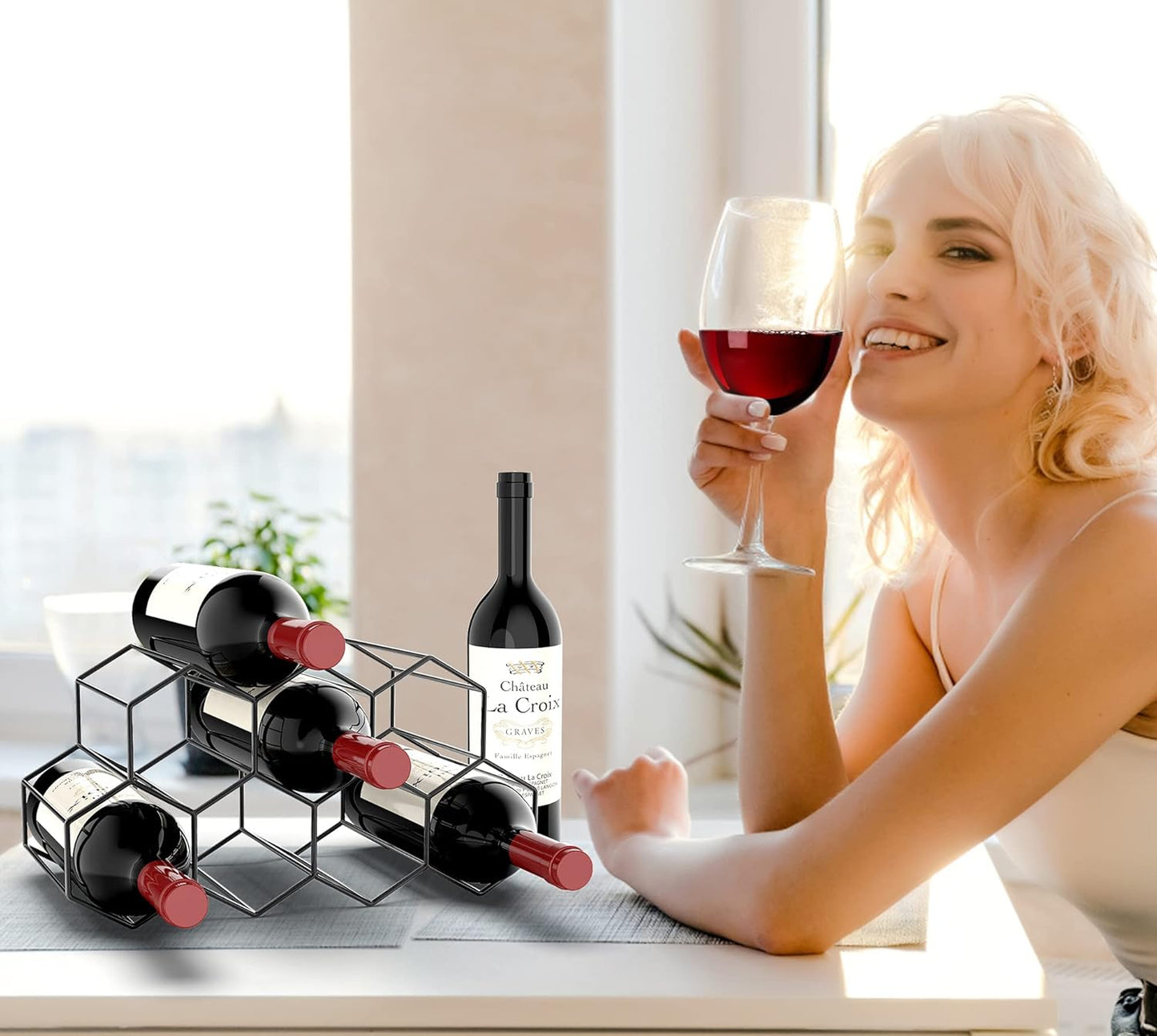 Freestanding Metal Wine Rack for 9 Bottles - Black, Tabletop Wine Rack - Image 2