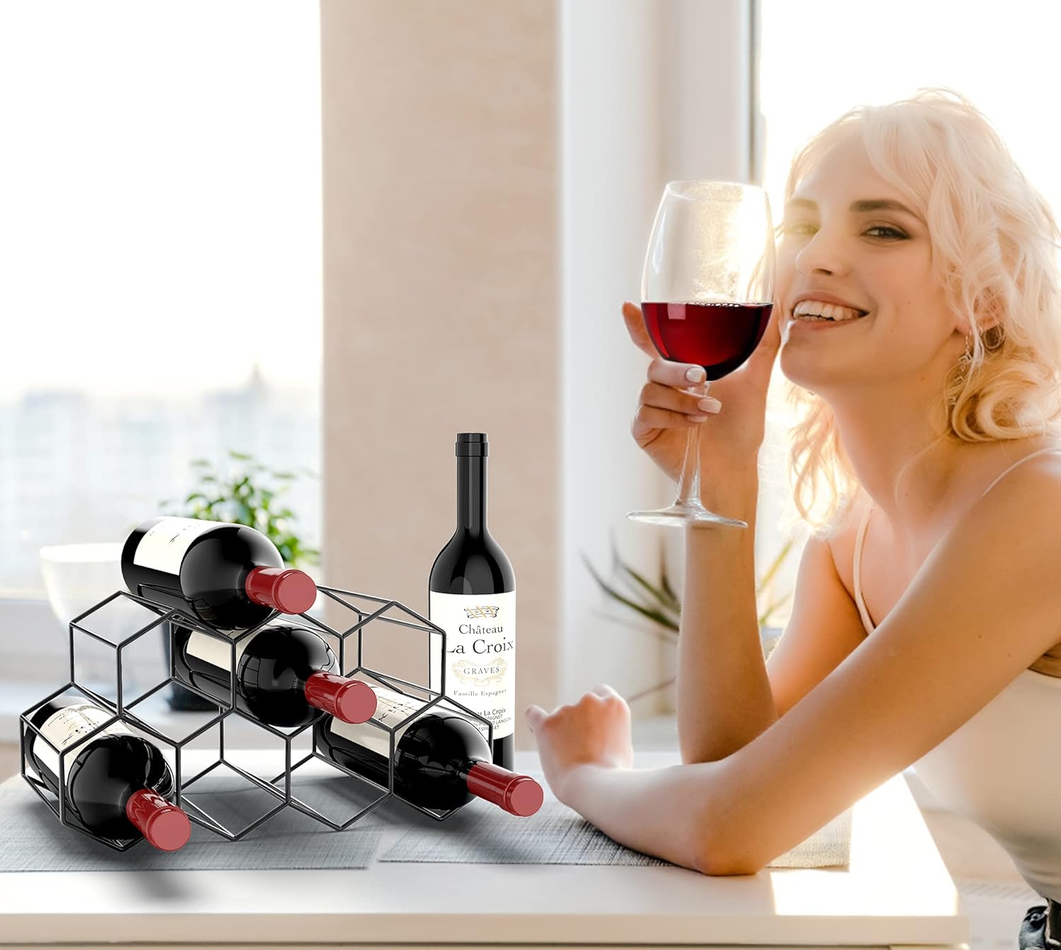 Freestanding Metal Wine Rack for 9 Bottles - Black, Tabletop Wine Rack - Image 2