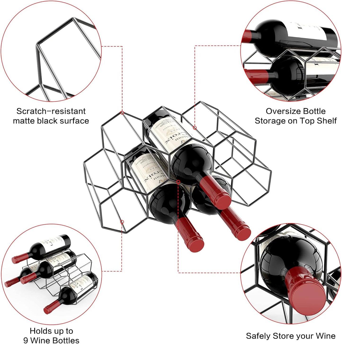 Freestanding Metal Wine Rack for 9 Bottles - Black, Tabletop Wine Rack - Image 3