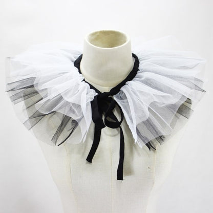 Women's Renaissance Tulle Ruffled False Collar Layered Black White Mesh Clown Choker Lace Up Victorian Neck Ruff Shawl Cosplay Props - Image 2