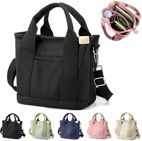 Multi-Pocket Tote Bag with Zipper, Canvas Handmade Handbag with Compartments, Multifunctional Satchel Bags for Women, Ladies, University, School, Work, Travel Black-small