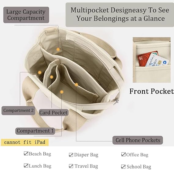 Multi-Pocket Tote Bag with Zipper, Canvas Handmade Handbag with Compartments, Multifunctional Satchel Bags for Women, Ladies, University, School, Work, Travel Black-small - Image 4