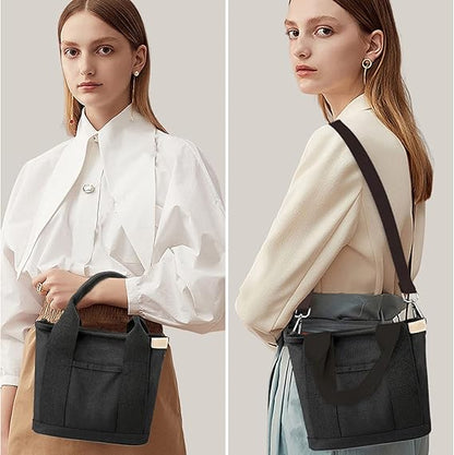 Multi-Pocket Tote Bag with Zipper, Canvas Handmade Handbag with Compartments, Multifunctional Satchel Bags for Women, Ladies, University, School, Work, Travel Black-small - Image 5