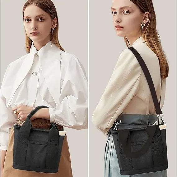 Multi-Pocket Tote Bag with Zipper, Canvas Handmade Handbag with Compartments, Multifunctional Satchel Bags for Women, Ladies, University, School, Work, Travel Black-small - Image 5