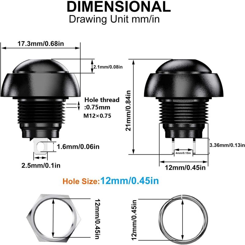 12mm Waterproof Momentary Push Button Switch SPST ON/OFF 12pcs 3A/3V-5V-9V-12V-24V-230VAC Round for Car Horn PC Table Lamp Home Doorbell - Image 2