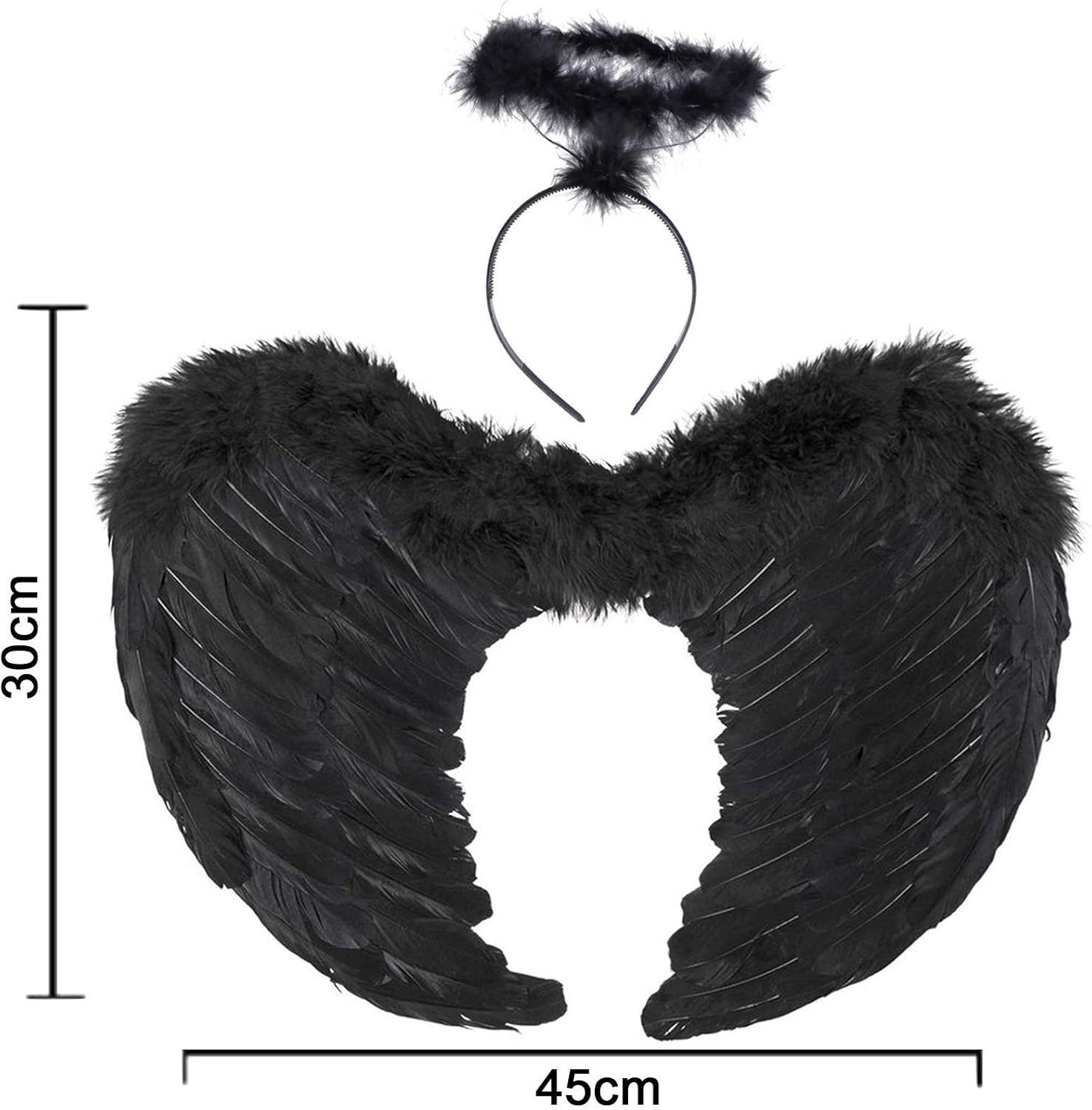 Angel Wings, Black, Angel Costume for Women, with Halo and Black Wings, for Girls, Feather Wings Fallen Angel Wings - Black-45 cm - Image 2