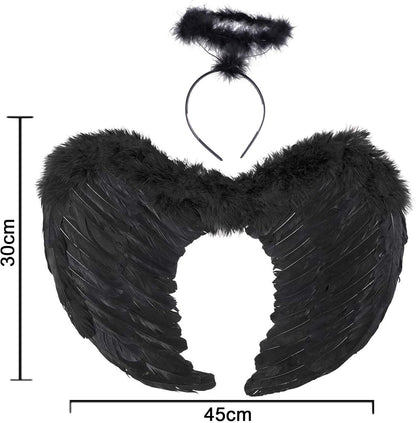 Angel Wings, Black, Angel Costume for Women, with Halo and Black Wings, for Girls, Feather Wings Fallen Angel Wings - Black-45 cm - Image 2