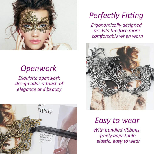 Masquerade Mask - Venetian Mask for Women, Beautiful Elegant Lace Mask for Ladies Halloween Mardi Gras Party Gold+Silver+Black - Image 4