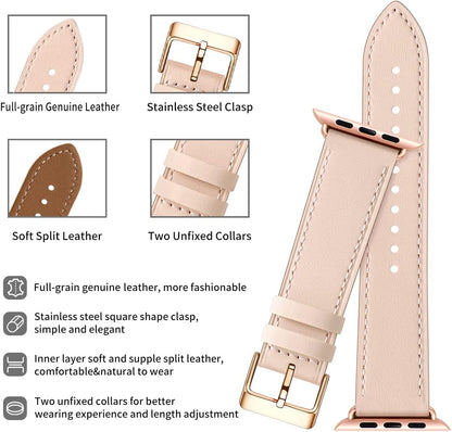 Apple Watch Leather Band, Genuine Leather Replacement Band for Apple Watch Series 9 8 7 6 5 4 3 2 1 & iWatch SE, Ultra (38mm 40mm 41mm, Rose Gold) Pink - Image 3