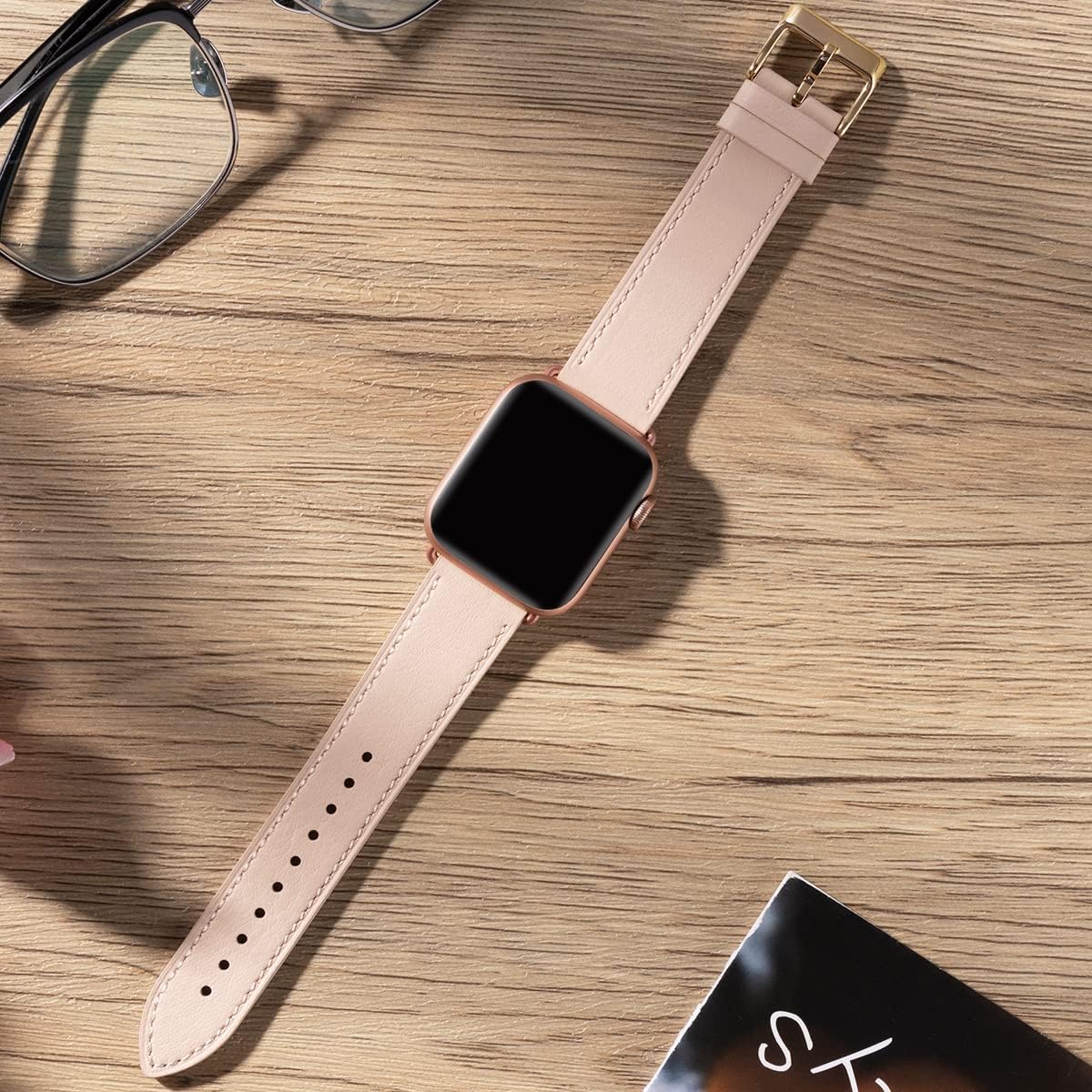 Apple Watch Leather Band, Genuine Leather Replacement Band for Apple Watch Series 9 8 7 6 5 4 3 2 1 & iWatch SE, Ultra (38mm 40mm 41mm, Rose Gold) Pink - Image 5