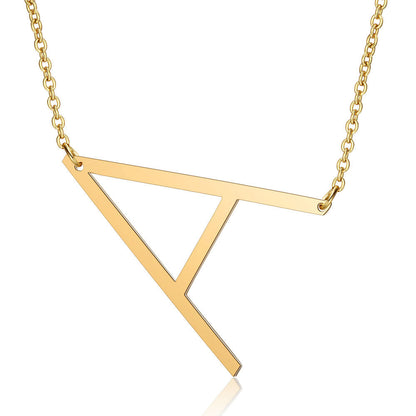 Women's Necklace with Side Block Shaped Initial Letter, Stainless Steel English Letter Necklace, Gold, AA
