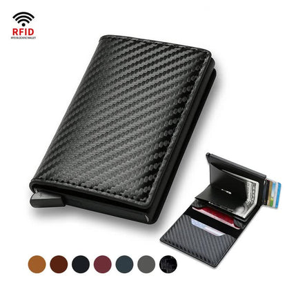 Carbon Fiber Credit Card Holder Wallets Men RFID Black Magic Trifold Leather Slim Mini Wallet Small Money Bag Men's Bags Black - Image 2