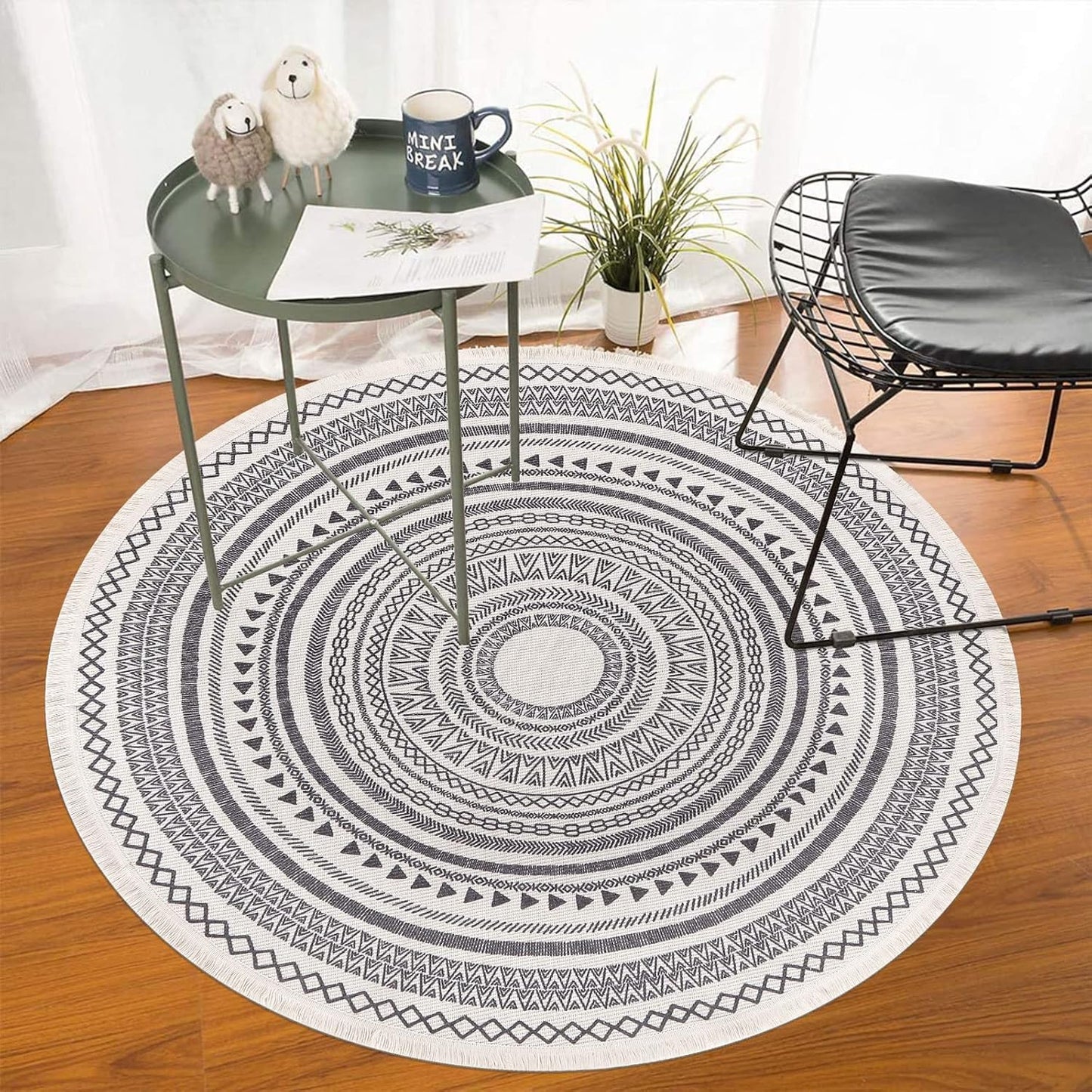 Grey Round Woven Cotton Rug with Fringes 120cm Washable Absorbent Rug Moroccan Style Print 120*120CM—yux 120*120CM - Image 2